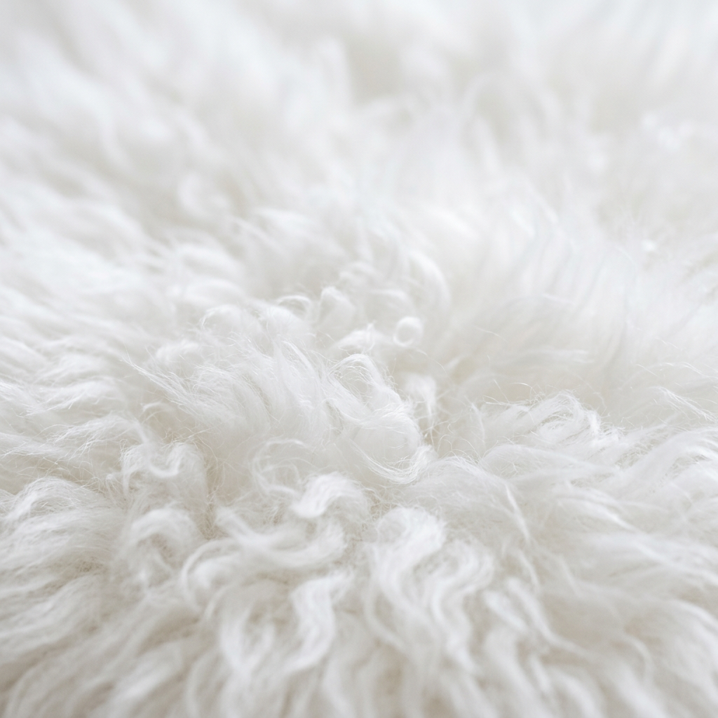 Fluffy white wool fibers with curly texture in close-up
